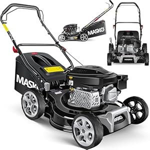 MASKO Tondeuse à gazon à essence 3 en 1 | Largeur de coupe 42 cm | 7 niveaux de hauteur de coupe | Moteur OHV 4 temps 3,4 CV | Panier collecteur de 50 litres | Avec kit mulching, éjection latérale