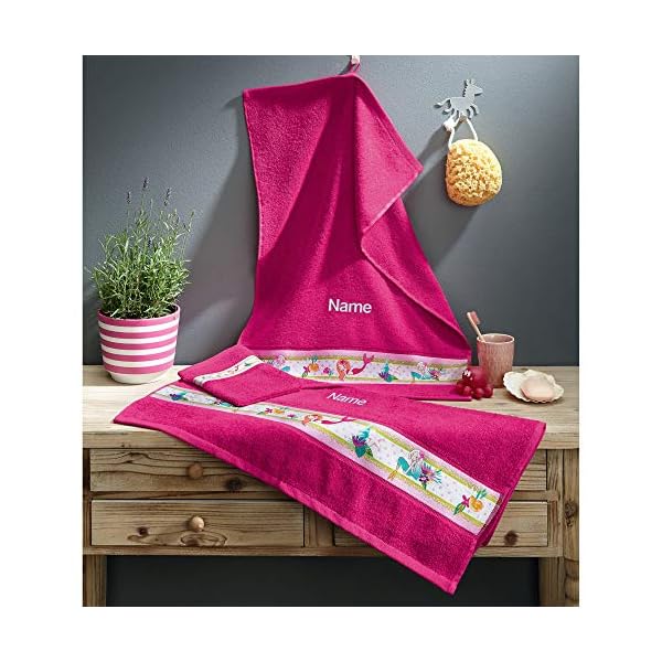 Erwin Müller Kinder-Handtuchset, Kinder-Frottierset 3-TLG. mit Namen Bestickt, Meerjungfrau pink Größe 70x110 cm + 50x70… – Bild 3