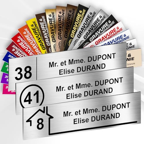 Plaque Boîte aux Lettres Avec Numéro Personnalisable De 1 À 3 Lignes – Numéro Avec Nom Gravé – Adhésive PVC – 10 x 2,5 cm (Gris Alu Métallisé)