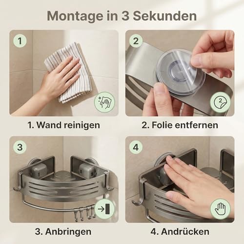 Nordkai Duschregal Ecke Ohne Bohren, 2er Set Duschablage mit Saugnapf, Aluminium Rostfrei, Eckregal Dusche mit Handtuchstange & 4 Haken, für Fliesen Glas Marmor, Bad & Küche