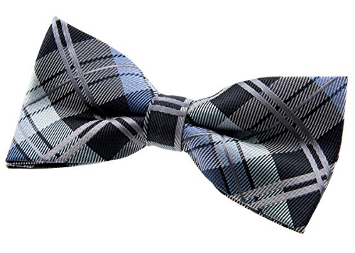 Retreez Men Elegant Classic Plaid Check Woven Microfiber Pre-Tied Bow Tie (4.5") - Dark Grey And Blue #TOP29