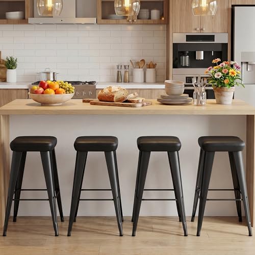 Image of Yongchuang Backless Bar Stools Set of 4, 24 inch Black PU Leather Barstools | Modern Farmhouse Upholstered Counter Height Stools with Metal Legs for Kitchen Island, Dining Room, Home Bar, Support 330 LBS