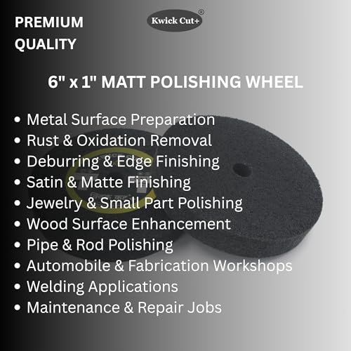 Image of Kwick Cut+ 6 inch x 1 inch (150mmX25mm) U1 Pack of 2 Premium Unitised Non-Woven Matt Polishing Wheel - 16 mm Bore, Heavy-Duty Deburring & Rust Removal, Satin & Matte Finish for Metal & Stainless Steel