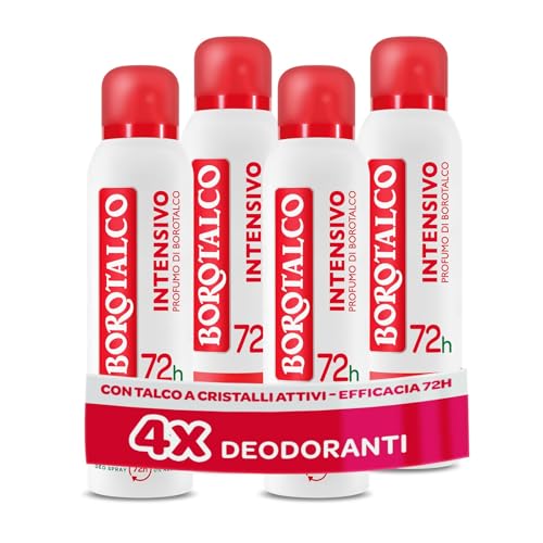 Borotalco, Deodorante Spray Intensivo, con Talco a Cristalli Attivi, Ipersudorazione, Senza Alcool, Profumo di Borotalco, 72h efficacia - 4 Pezzi da 150 ml - Esclusiva Amazon