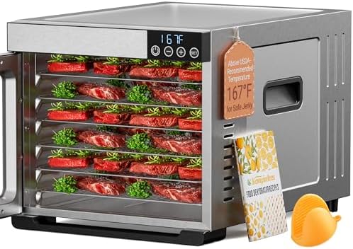 Konfintos 700W Food Dehydrator Machine | 6 XL Stainless Steel Trays (13"x12") | Dryer for Jerky, Mushroom, Herbs, Meat, Fruit | Digital Timer and Temperature Control, 167°F 48H | Recipes + Gloves
