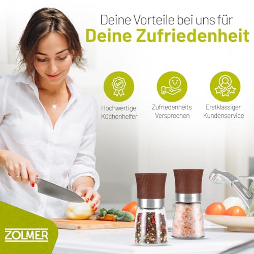 Zolmer® Salz und Pfeffermühle Holzoptik 2er Set – Pfeffermühle Holz groß mit Keramikmahlwerk – Nachfüllbarer Salzstreuer aus Glas ＆ Holz, manuell einstellbar