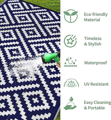 Image of GENIMO Outdoor Rug, Waterproof Plastic Rugs 9'x18' for Camping Blue White