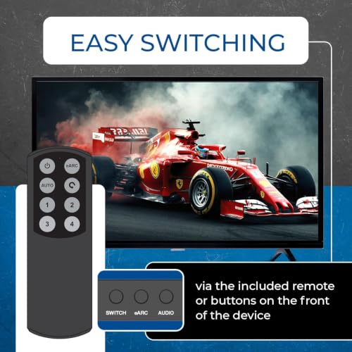 Image of OREI 8K 4-Port HDMI Audio Extractor Switch 4x1 with eARC /ARC Support - 48Gbps HDMI 2.1, 4K@120Hz, Dolby Vision, Dolby Atmos, CEC, HDR10+, eARC to HDMI Output for AV Receiver, Remote Control - BK-4927