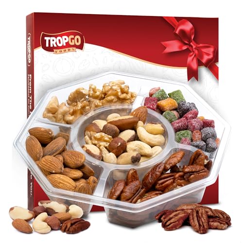 Tropgo Boîte cadeau alimentaire rouge à 5 sections – Cadeaux alimentaires avec noix de pécan, noix, amandes et mini cubes de mangue avec carte cadeau rouge – Coffret cadeau de fête