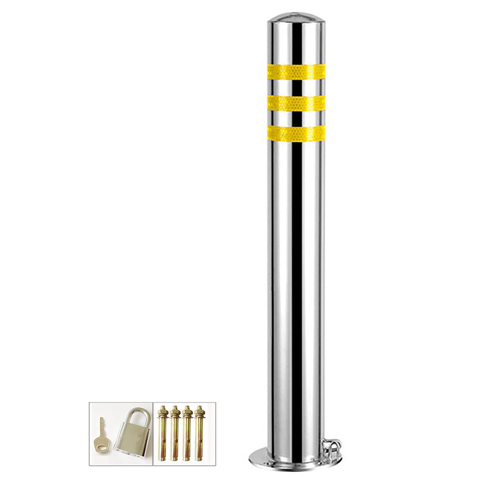 SnamicE Parking Bollards with Base and Lock,Durable Stainless Steel Parking Barrier for Commercial or Private Use,Storefronts Bollards for Increased Night Visibility,76x750mm