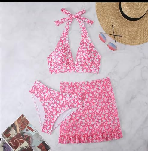 Bikini Set for Women Floral Halter Tummy Control 3 Piec Girls' Swimsuit High Waisted Bathing Suits with Beach Skirt2