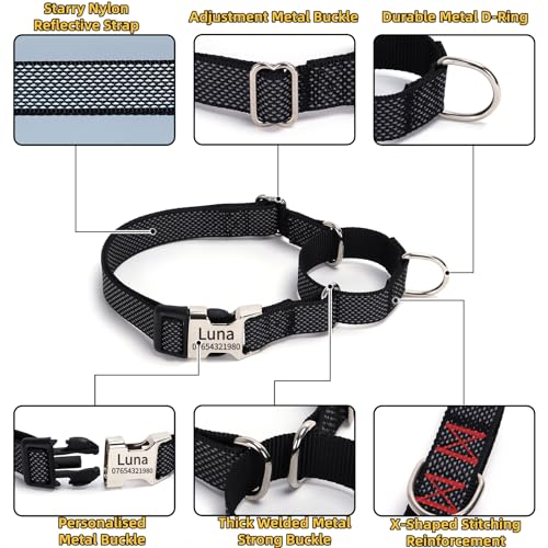 SEOUGEE Martingale Dog Collar Personalised, Reflective Nylon Escape-proof Anti-pull Dog Collars with Custom Engraved Metal Buckle, Walking Training Daily Used for Medium Dogs (M Rose Red, 40-55cm) - Image 3