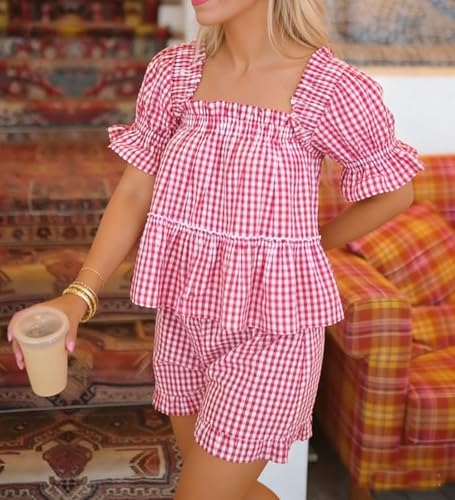 Image of ROAONOCOMO Women Floral Pajama Set Ruffle Puff Sleeve Peplum Shirt Coquette Pj Set Bow Babydoll 2 Piece Shorts Outfit