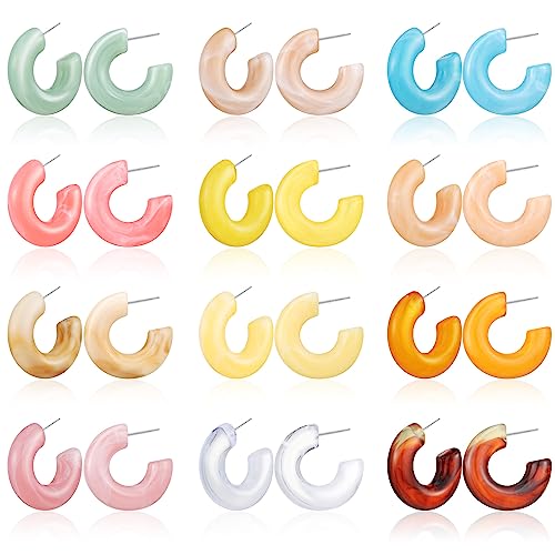 Ecally 12 Pairs Acrylic Resin Hoop Earrings Set Multiple Colors Resin Hoops Summer Lightweight Marble Earrings for Women Party Gifts Jewelry