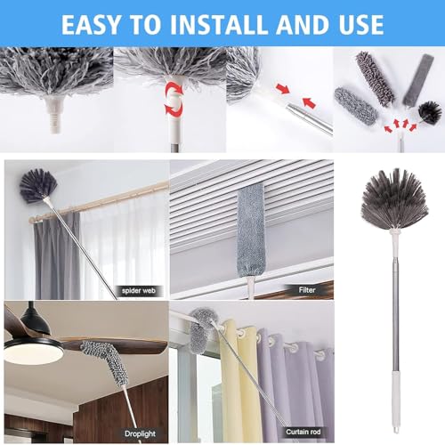 Image of 100 inches Expandable Pole Handle 5 in 1 Microfiber Feather Duster 5 PCS Bendable & Extendable Fan Cleaning Brush Washable Mop for High Ceiling Fans