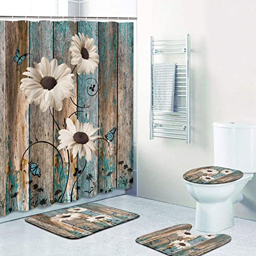 Artsocket 4 Pcs Shower Curtain Set Butterfly White Daisy Floral Flowers Green Brown Wooden Vintage With Non-Slip Rugs Toilet Lid Cover And Bath Mat Bathroom Decor Set 72" X 72" #TOP2