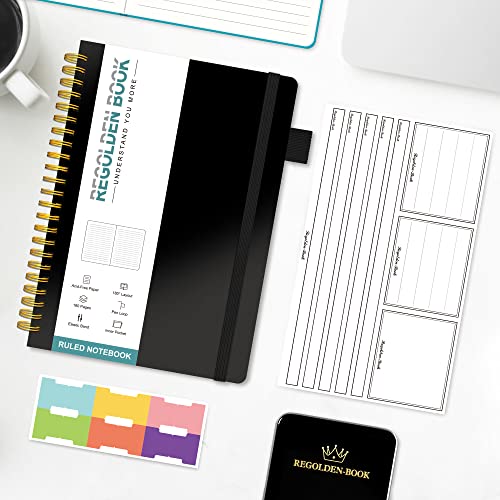 Regolden-Book Spiral Ruled Notebook, Ruled Lined Hardcover Journal For Note Taking, 100Gsm Thick Paper With Pocket For Men & Women School/College/Work/Office, 160 Pages, 5.5X8.5, (Black) #TOP5