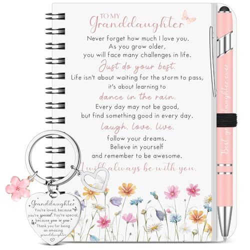 BBTO 3pcs Granddaughter Birthday Gift Set Inspirational Keychain Notebook & Pen Grandfather Grandmother Gifts for Granddaughter Christmas Graduation Encouragement Gifts for Girls Grandparents Gift