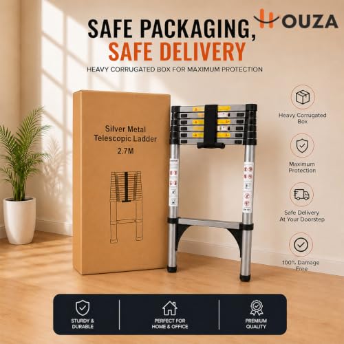 Image of HOUZA 2.7m (8 ft) Steel Telescopic Ladder | 7-Step Foldable Extension Ladder | Portable & Collapsible Ladder for Home, Industrial & Outdoor Use | EN131 Certified | 1 Year Warranty(Silver & Black)