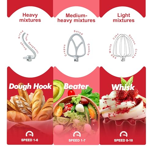 Image of Kitchen in the box Stand Mixer, 4.5QT+5QT Two bowls Electric Food Mixer, 10 Speeds 3-IN-1 Kitchen Mixer for Daily Use with Egg Whisk,Dough Hook,Flat Beater (Matte Red, 5QT)