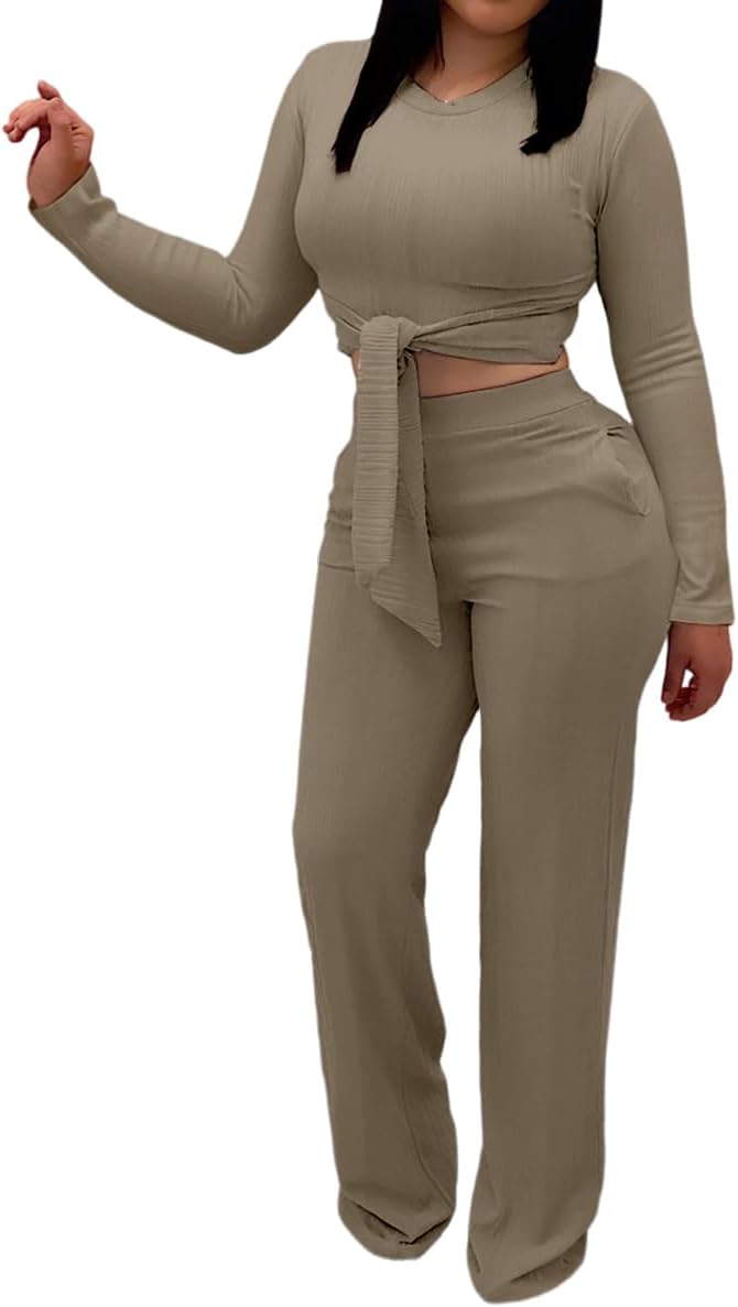 Two Piece Sets For Women Sexy Tie Front Long Sleeve Crop Top Wide Leg Pants Set Casual Tracksuit Ribbed 2 Piece Outfits