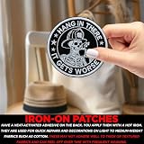 Hang in There It Gets Worse Patch Funny Firefighter Morale – Skeleton Drinking Coffee Embroidered Applique – Sarcastic Dark Humor Tactical Badge for Vest, Jacket, Backpack – First Responder Gift 3"