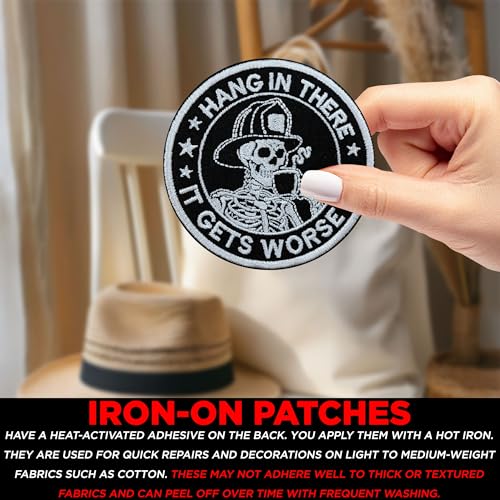 Hang in There It Gets Worse Patch Funny Firefighter Morale – Skeleton Drinking Coffee Embroidered Applique – Sarcastic Dark Humor Tactical Badge for Vest, Jacket, Backpack – First Responder Gift 3"