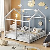PVWIIK Double Montessori Floor Bed with Fence & Roof for Two Kids Teens Boys Girls,Twin Floor Bed,Easy Assemble,No Box Spring Needed, White
