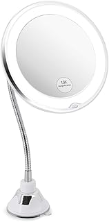Glam Hobby Led 10X Magnifying Makeup Mirror Lighted Vanity Bathroom Square Mirror with 360 Degree Swivel Rotation, Flexible Gooseneck, and Locking Suction