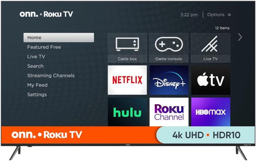 ONN Roku TV home screen displaying streaming app icons like Netflix, Disney+, Apple TV, Hulu, Roku Channel, and HBO Max.