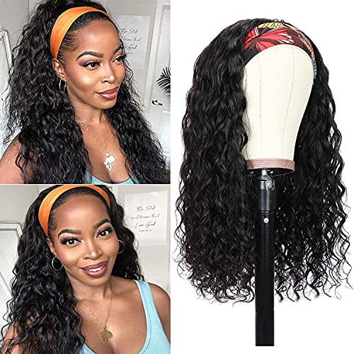 Water Wave Headband Wig Human Hair Wet and Wavy Glueless Headband Wig for Black Women Brazilian Virgin Hair None Lace Front Wigs Machine Made Human Hair Headband Wig Natural Color (14 inch)