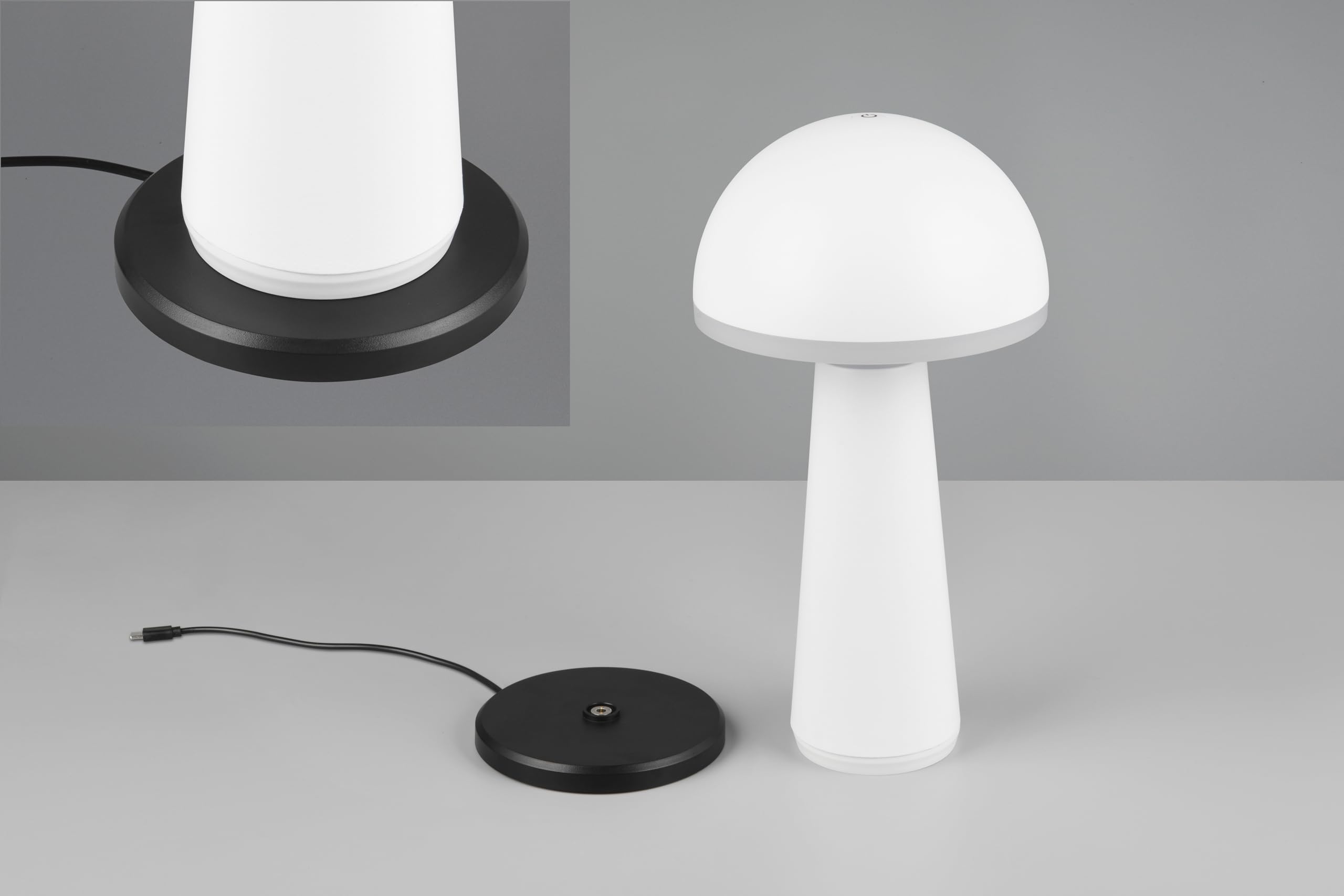 Reality Leuchten LED Außen Akku Tischleuchte Fungo R57716131, Metall Weiß matt, Kunststoff Weiß, inkl. 2 Watt LED, dimmbar, Lichtfarbe einstellbar, Ladestation