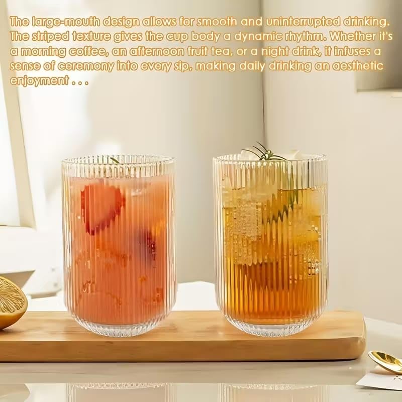 Image of PrimeWorld U-Shaped Ribbed Glass Cups - Stackable Elegant Ripple Vintage Drinking Glassware, 450ml - Set of 6 | Ideal for Iced Coffee, Cocktail, Whiskey, Juice, Beer & Gifts