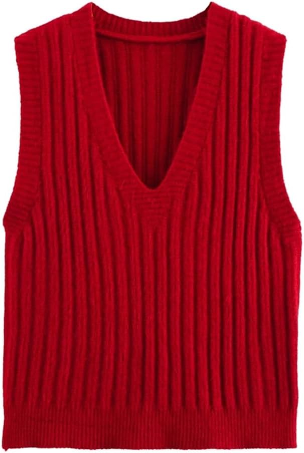 Women's Casual Sleeveless Knitted Sweater Vest Retro V Neck Ruffles Regular Fit Jumper Top