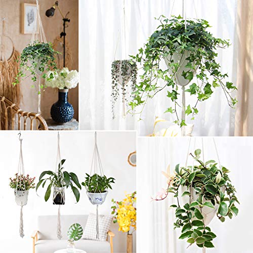 WD&CD 4 stuks macramé plantenhangers met 4 hangende haken, indoor outdoor plantenpot katoenen touwhanger handgemaakte hangende plantenmand katoenen touwhouder (40 inch beige) - Afbeelding 4