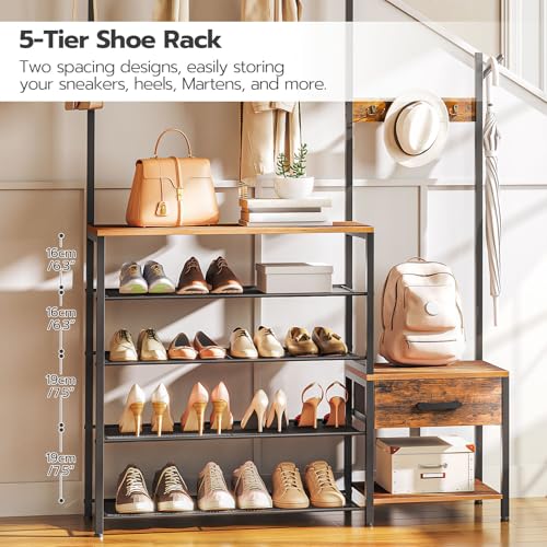 HOOBRO-Hall-Tree-Entryway-Coat-Rack-Shoe-Bench-Shoe-and-Coat-Rack-for-Entryway-Hall-Tree-Coat-Rack-with-Non-Woven-Fabric-Drawer-for-Entrance-Foyer-Rustic-Brown-and-Black-BF113MT01