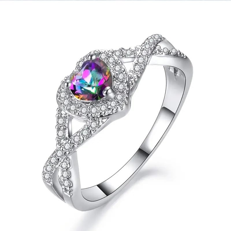 RKKOJJO925 Sterling Silver Shiny Gemstone Interweave Ring Heart-Shaped Cubic Zirconia Promise Cocktail Rings CZ Diamond Multi Row Ring Eternity Engagement Wedding Band Ring for Women