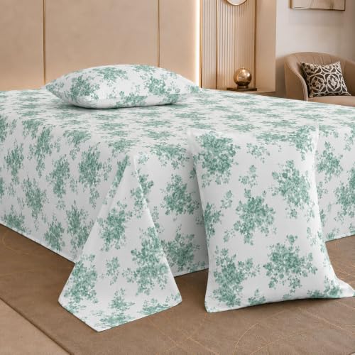 Image of Jaipur Weaves Cotton Percale King Size Bedsheet 108x108 Super King, 100% Pure Cotton Bed Sheet with 2 Pillow Covers, 300 TC Soft Breathable Floral Design Bedding (Green Meadows, Super King)