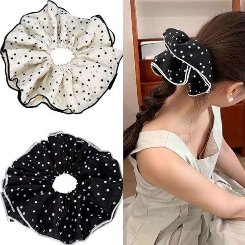 Chouchous extra larges à pois en lot de 2 élastiques beige et noir