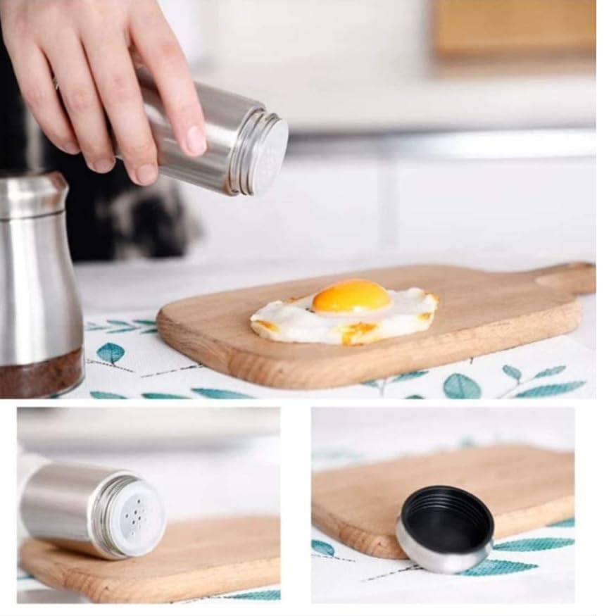 Image of Salt Shaker for Professional Chef - Stainless Steel Salt and Pepper Shaker, Moisture-Proof Holder Seasoning Condiment Set with Glass Bottom Spice Dispenser (Pack of 2, Silver) (Silver)