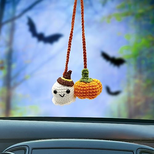 Crochet Car Mirror Hanging Accessories, Halloween Pumpkin and Ghost Cute Car Accessories for Women Teen Handmade Knitted Rear View Mirror Accessories