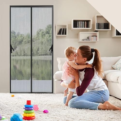 Image of KARP Mosquito Net for Door - Heavy Duty Mesh Screen Door with Stay-Open Buckle, Auto Close Magnets, Hands-Free Entry, Easy Install, Pet & Kid Friendly for Home (105 X 200, Black)