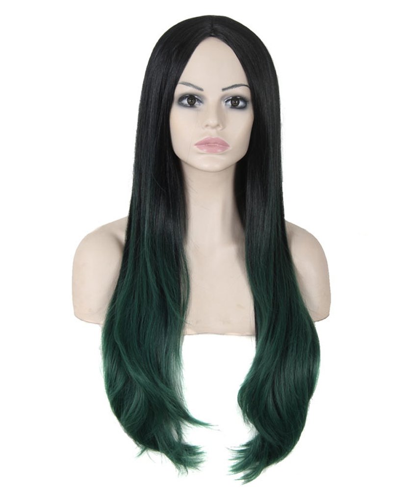 Two Tone Dark Green Ombre Wigs Black Roots Synthetic Hair Long Natural Straight Wigs