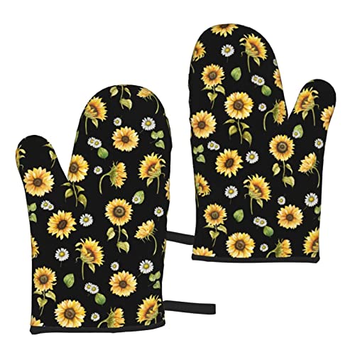 Oven Mitts Set Of 2 Heat Resistant Soft Non-Slip Kitchen Oven Gloves For Cooking Baking Grilling Microwave (Sunflower Daisy Floral, 2 Oven Mitts) #TOP1