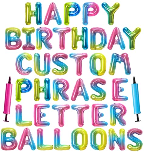 Image of Happy Birthday Balloon Banner Custom Phrase Balloons letter 16 inch Personalized Alphabet Letters Foil Mylar Balloons (Rainbow)