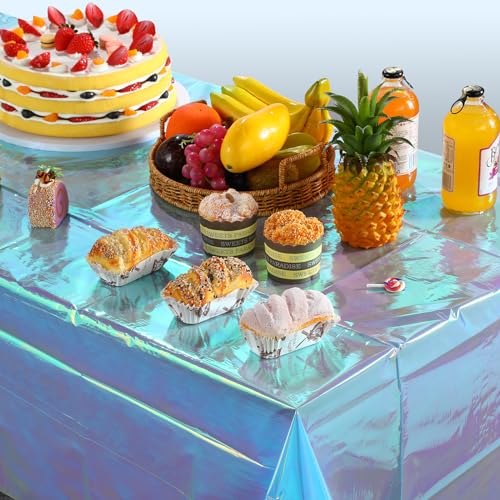 Image of FunnyPars 1 Pack Iridescent Blue Plastic Tablecloth,Shiny Blue Disposable Laser Rectangle Table Covers,Blue Holographic Foil Tablecloth Party Decorations for Birthday,40x108''