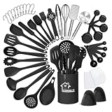 43 Stück Küchenhelfer Set, Silikon Kochutensilien Kochbesteck Set, Hitzebeständiger Kochgeschirr mit Utensilienhalter, Antihaftbeschichtet Kochlöffel Set Küchenzubehör (Schwarz)