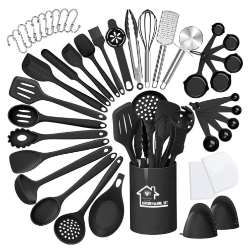 43 Stück Küchenhelfer Set, Silikon Kochutensilien Kochbesteck Set, Hitzebeständiger Kochgeschirr mit Utensilienhalter, Antihaftbeschichtet Kochlöffel Set Küchenzubehör (Schwarz)