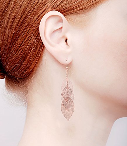 Filigree Copper Leaf Earrings Fashion Style Leaf Shape Dangle Earring Long Teardrop Dangle Drop Earrings For Women Girls (Rose Gold) #TOP6