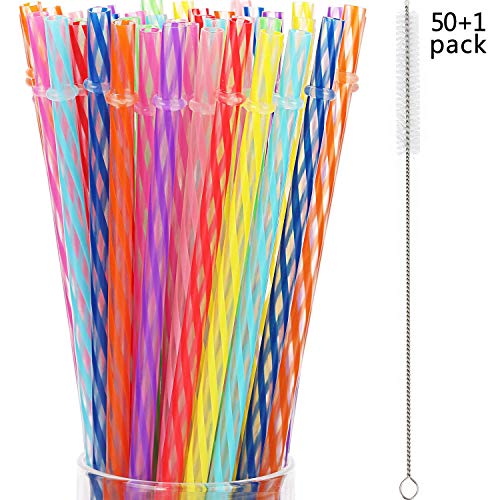 Jovitec 50 Pieces Reusable Drinking Straw Thick Plastic Straws with Cleaning Brush Straw Cleaner (9 Inch, Multi Color 2)